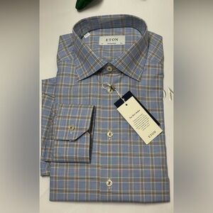 Eton Light Blue and Beige Plaid Dress Shirt